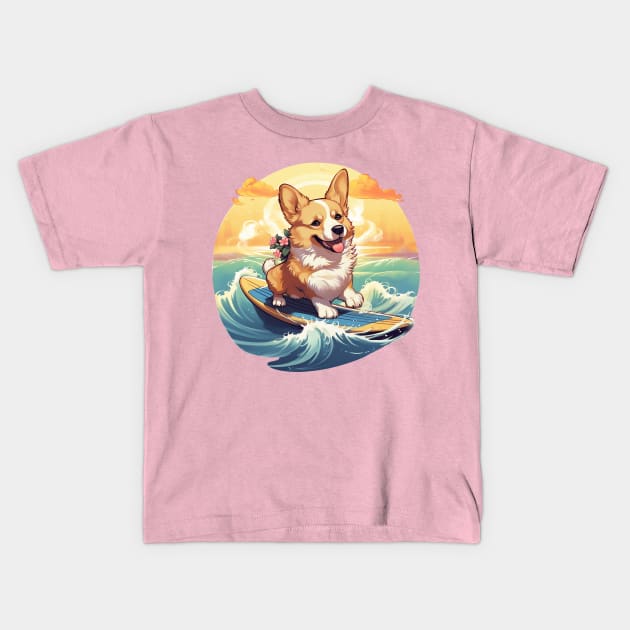 Surfing Hawaiian Corgi Kids T-Shirt by Kona Cat Creationz